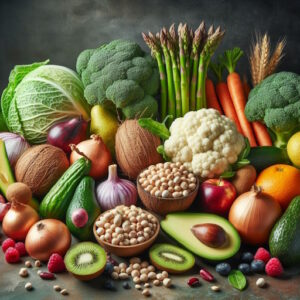 Lots of healthy fruits and vegetables, whole grains, nuts, seeds, avocados and olive oil