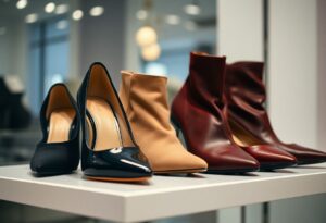 A stylish display of four pairs of women's shoes on a white shelf showcases chic black patent leather heels, beige ankle boots, and two pairs of red heeled boots. These fashionable shoes not only make feet appear smaller but also offer trendy options for fashion enthusiasts in a contemporary store setting.