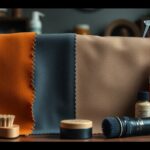 A collection of leather cleaning supplies is neatly arranged on a table, featuring orange, gray, and beige leather swatches ideal for roughout leather, alongside a brush, two small containers of polish, care tips in a spray bottle, and a bottle labeled 'Raibcut Leather.'