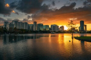 Scenic sunset over Lake Eola and Orlando skyline