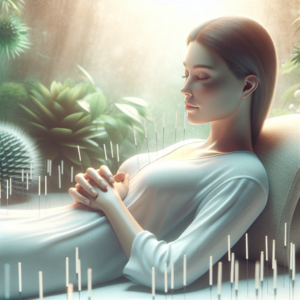 Person meditating during acupuncture session, surrounded by soft lighting and nature sounds for stress relief.