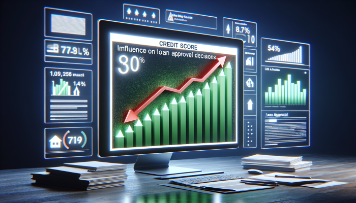 Credit score graph on digital screen with green up and red down arrows indicating loan approval impact.