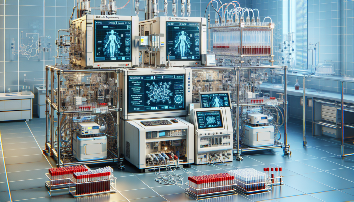 High-tech lab with spectrometry machines analyzing blood, showing molecular structures and graphs.