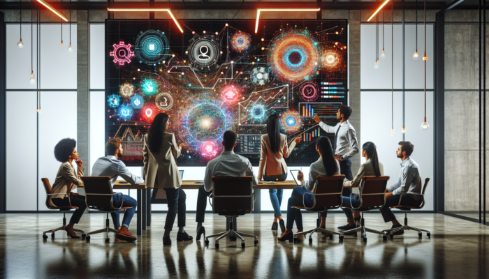 A team brainstorming around a screen showing analytics and social media in a modern office.