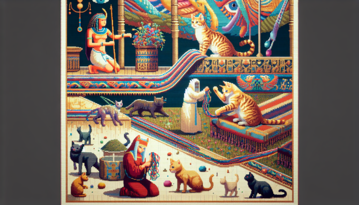 A tapestry showing catnip's history from ancient Egypt to modern times, with cats and medicinal uses.