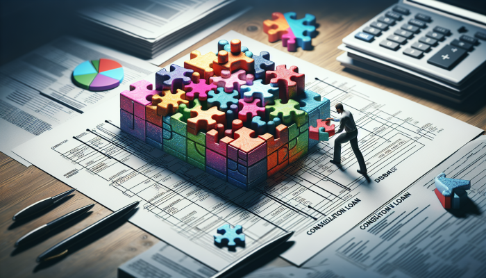 A person arranging puzzle pieces labeled 'debt' into a 'consolidation loan' block, with financial documents.