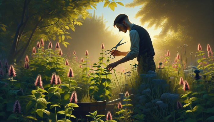 Person harvesting catnip with scissors in a vibrant garden during late summer.