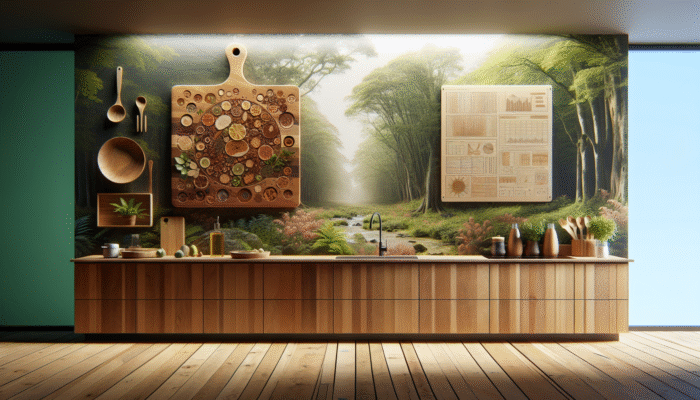 A sustainable kitchen scene featuring a wooden cutting board made from maple, walnut, and cherry, set against a background of a sustainably managed forest.