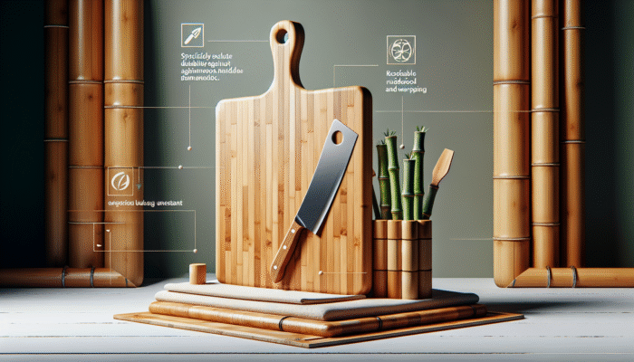 A durable hardwood and bamboo cutting board showcasing resistance to knife marks and warping, promoting kitchen sustainability.