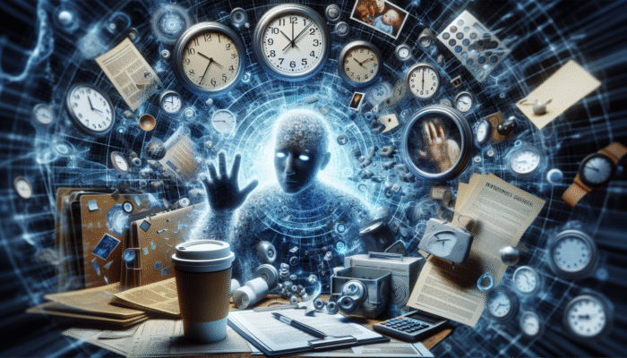 A fatigued individual among clocks, work, and family, reaching out for an energy drink and coffee.
