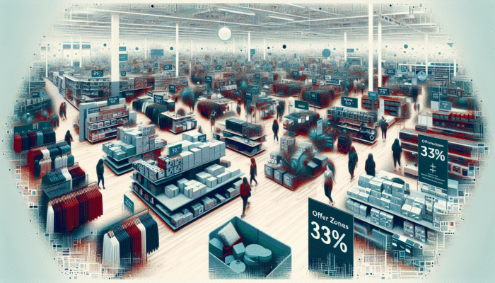 UK retail store clearance section showcasing discounted apparel, electronics, and home goods with minor flaws, marked down for rapid sales.
