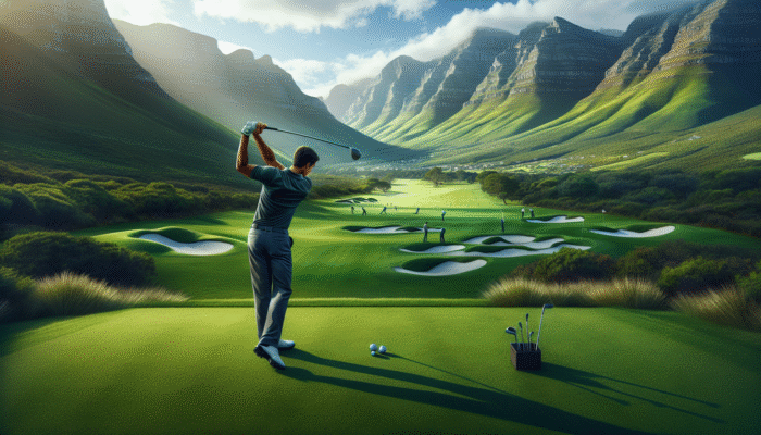 South African golfer practicing shoulder rotations on a scenic Cape Winelands course.