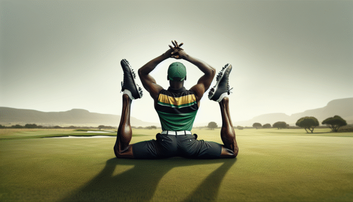 South African golfer performing a seated forward bend on a green field, reaching towards toes with a straight back.