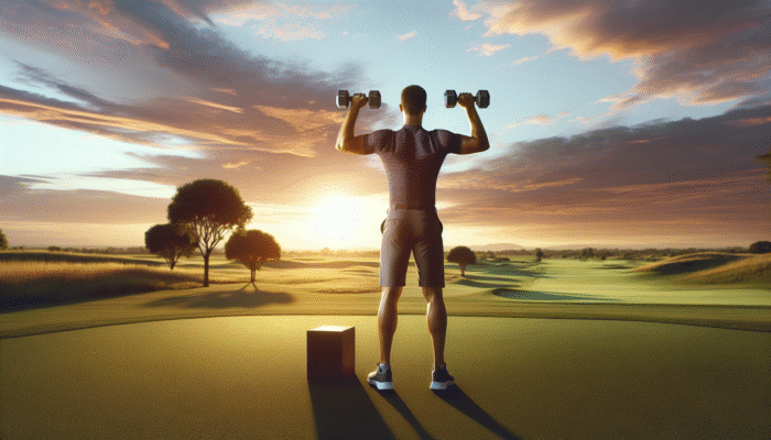 Golfer performing a dumbbell shoulder press at sunset on a golf course.