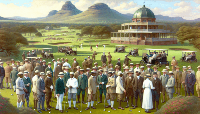 Historic 1907 Krugersdorp golf club showcasing lush greenery and diverse early 20th-century golfers symbolizing cultural unity.