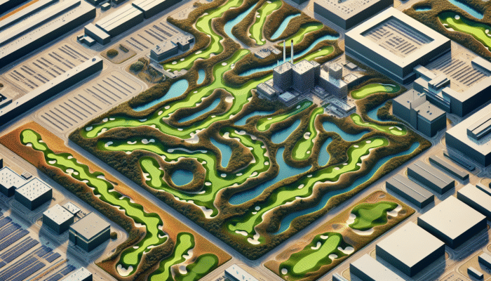 Aerial view of Krugersdorp Golf Club's architectural evolution featuring undulating terrain, strategic bunkers, and lush greens.
