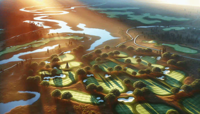 Aerial view of Krugersdorp Golf Course during sunset, showcasing the 18-hole layout with natural features.