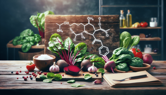 An assortment of nitrate-rich foods such as beets, spinach, and garlic displayed on a rustic table, surrounded by nitric oxide molecules.