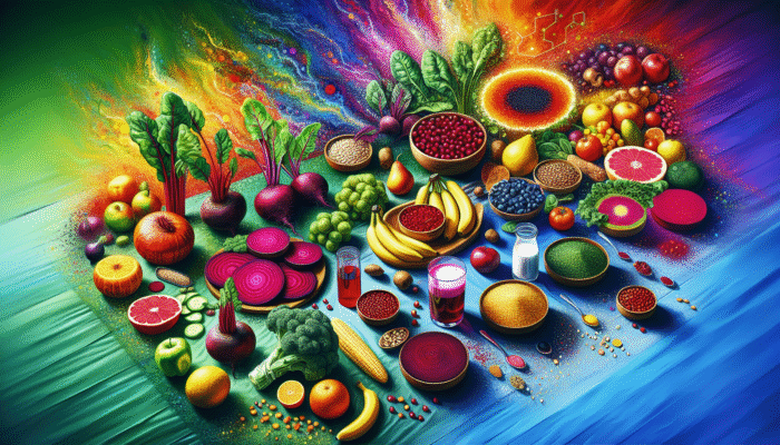 A colorful display of nitrate-rich vegetables like beets and spinach, alongside fruits and whole grains that enhance nitric oxide levels.