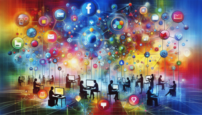 A vibrant digital landscape illustrating interconnected nodes for social media, email, and search engines converging towards engaged users on devices.