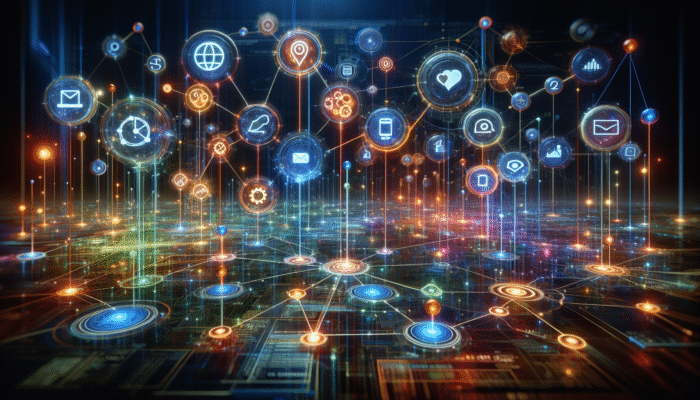 A futuristic digital landscape depicting nodes representing search engines, social media, email, and mobile apps, interconnected by glowing lines.