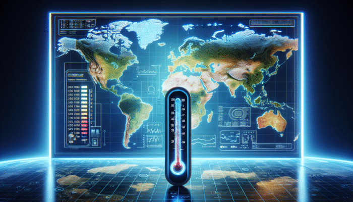 Digital thermometer on world map, indicating consistent readings across various climates for standardized healthcare monitoring.