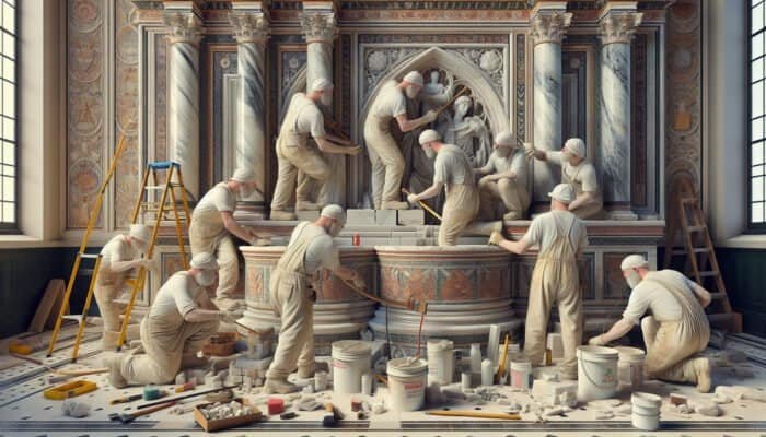 Workers utilizing traditional methods to restore a historic UK building, preserving its authenticity and historical context.