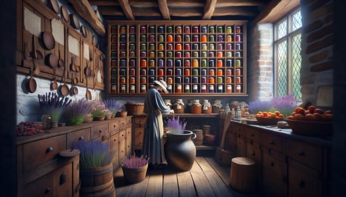 A rustic British kitchen with jars of herbal jams, herbs infusing the air, showcasing culinary evolution.
