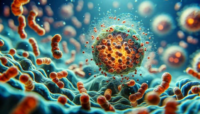 Ferritin Blood Test in Harrogate: Microscopic view of ferritin proteins storing iron in human cells, demonstrating their significance in health.