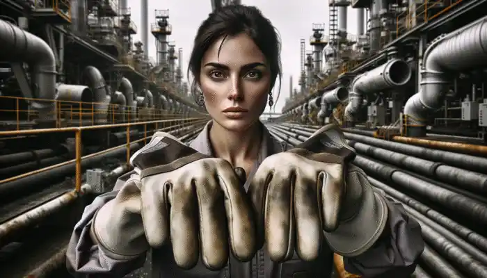 Durable PVC work gloves worn by a worker handling hazardous materials in an industrial setting.