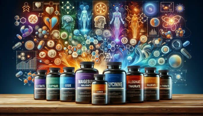 Exploring Magnesium Supplements: Bottles of various magnesium supplements on a wooden table, with muscle and nerve illustrations in the background.