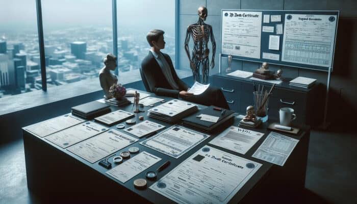 Legal Tips for UK Bereavement Clearance: A person in a suit reviews legal documents, a death certificate, and a will on a desk in a somber office, surrounded by estate assets and a tax return form.