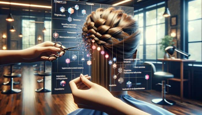 Close-up of hands crafting intricate micro braids with precise cuts in a salon.