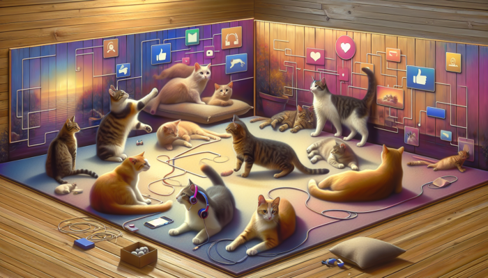 A lively digital artwork of cats in a cozy online community with a 'Join Our Feline Community on Facebook' banner.