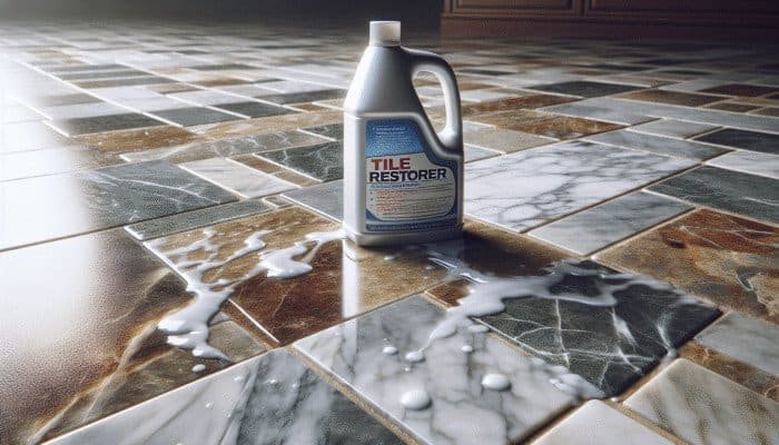 Bottle of Lithofin KF Tile Restorer on a natural stone floor, effectively cleaning various stone types.
