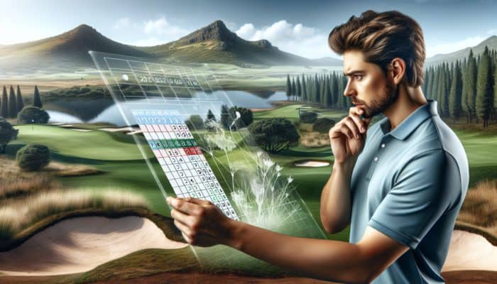 Golfer analyzing a South African golf course scorecard, adjusting strategy based on course and slope ratings.