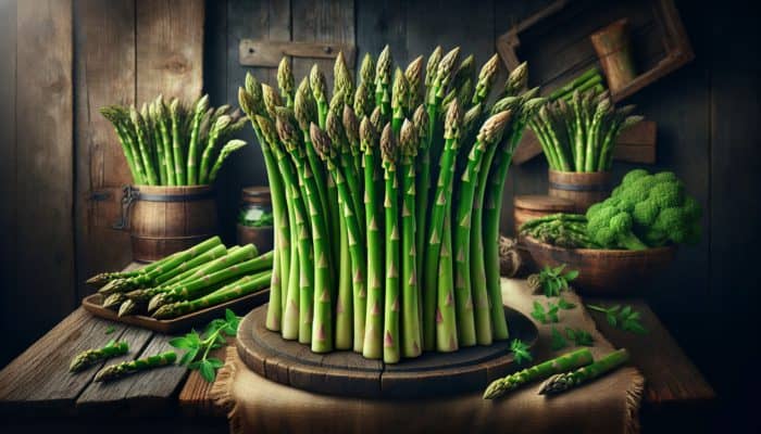 Fresh asparagus stalks, varying in thickness, straight and firm with bright green tips, on a rustic wooden background.