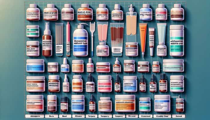 A display of various wig adhesives, each labeled for skin type and holding strength.