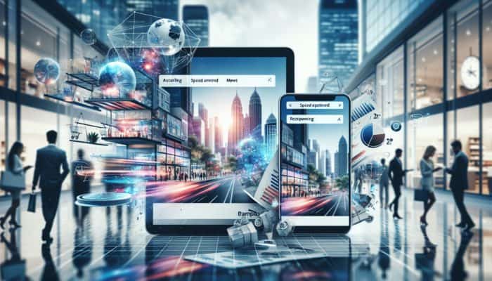 E-commerce website displayed on smartphone and laptop, showcasing intuitive navigation, rapid loading, mobile responsiveness in a Bampton business environment with shoppers.