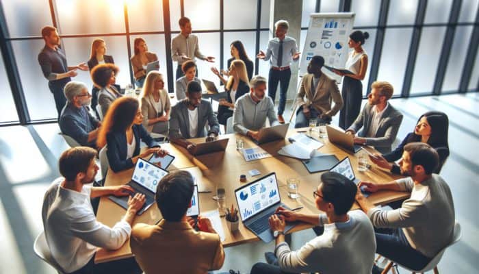 Bampton business owners participating in an e-commerce workshop, collaborating with tech experts using laptops.