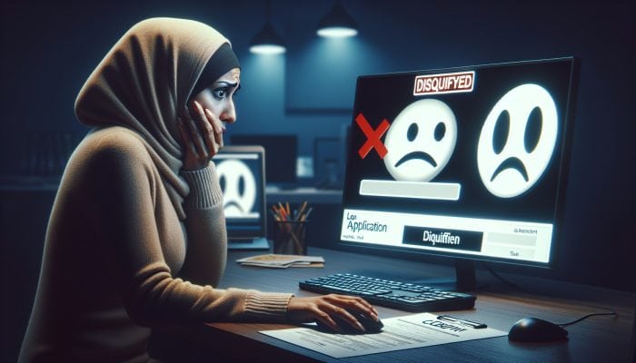 Debt Consolidation Loan Denial Reasons: UK Guide | DCL Debt Consolidation Loan Denial Reasons: A worried individual examines a low credit score of 590 on a computer, with loan forms and a "disqualified" stamp in a dimly lit UK office.