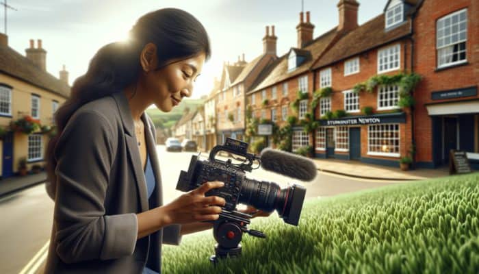 A small business owner filming a promotional video in Sturminster Newton with professional equipment amidst quaint architecture and greenery.