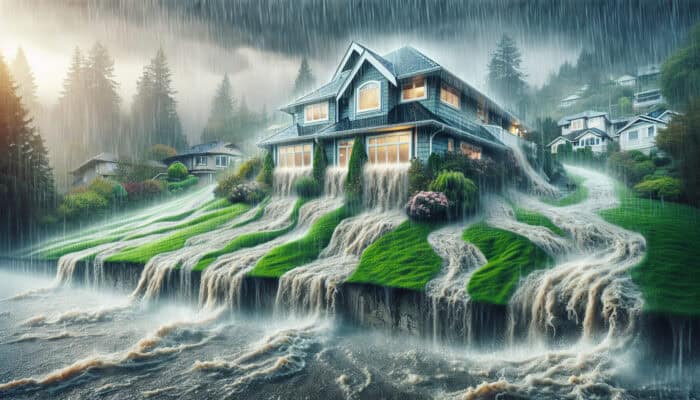 Yard Drainage Services in Port Moody: A suburban yard in Port Moody with water pooling, erosion, soggy lawn, and basement flooding during heavy rain.