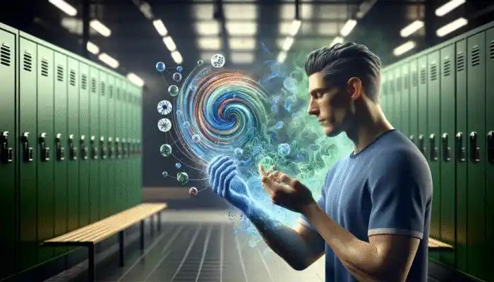 Man in gym locker room using antibacterial body wash, surrounded by cleansing agents targeting bacteria.