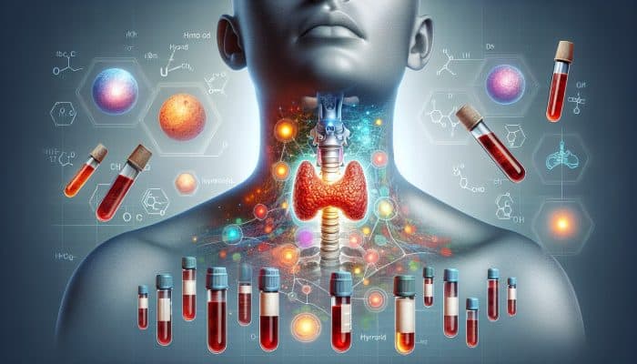 Thyroid Blood Test in Taunton: Illustration of thyroid gland in neck with blood vials and hormone charts showing hypothyroidism and hyperthyroidism.