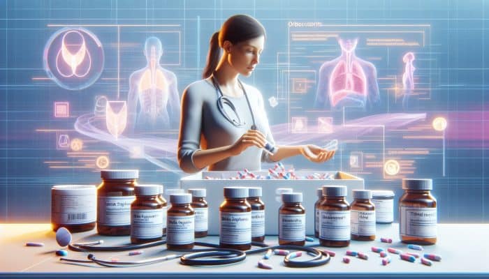 Person in clinical setting reading instructions, setting aside biotin and medications for thyroid test preparation.