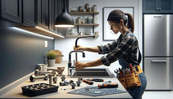 Delta Faucet: A technician expertly installing a modern Delta faucet in a newly renovated kitchen, showcasing efficiency and precision.