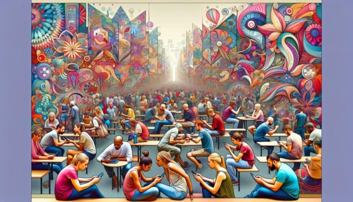 A vibrant local festival scene with people engaging with branded content on smartphones, surrounded by colorful banners and high-quality images.