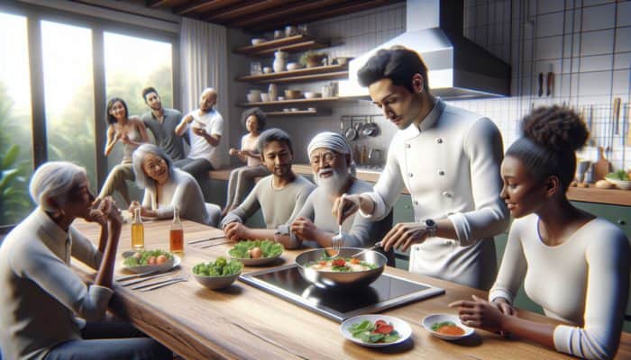 A chef preparing a vibrant meal in a calm kitchen, surrounded by eager picky eaters.