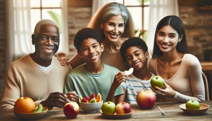 A family enjoying a casual dinner, introducing new fruits with apple slices, smiling and curious.